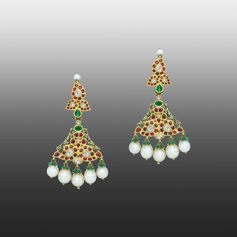 Polki Diamond Earrings with Red Stones, Emerald Beads & Pearls
